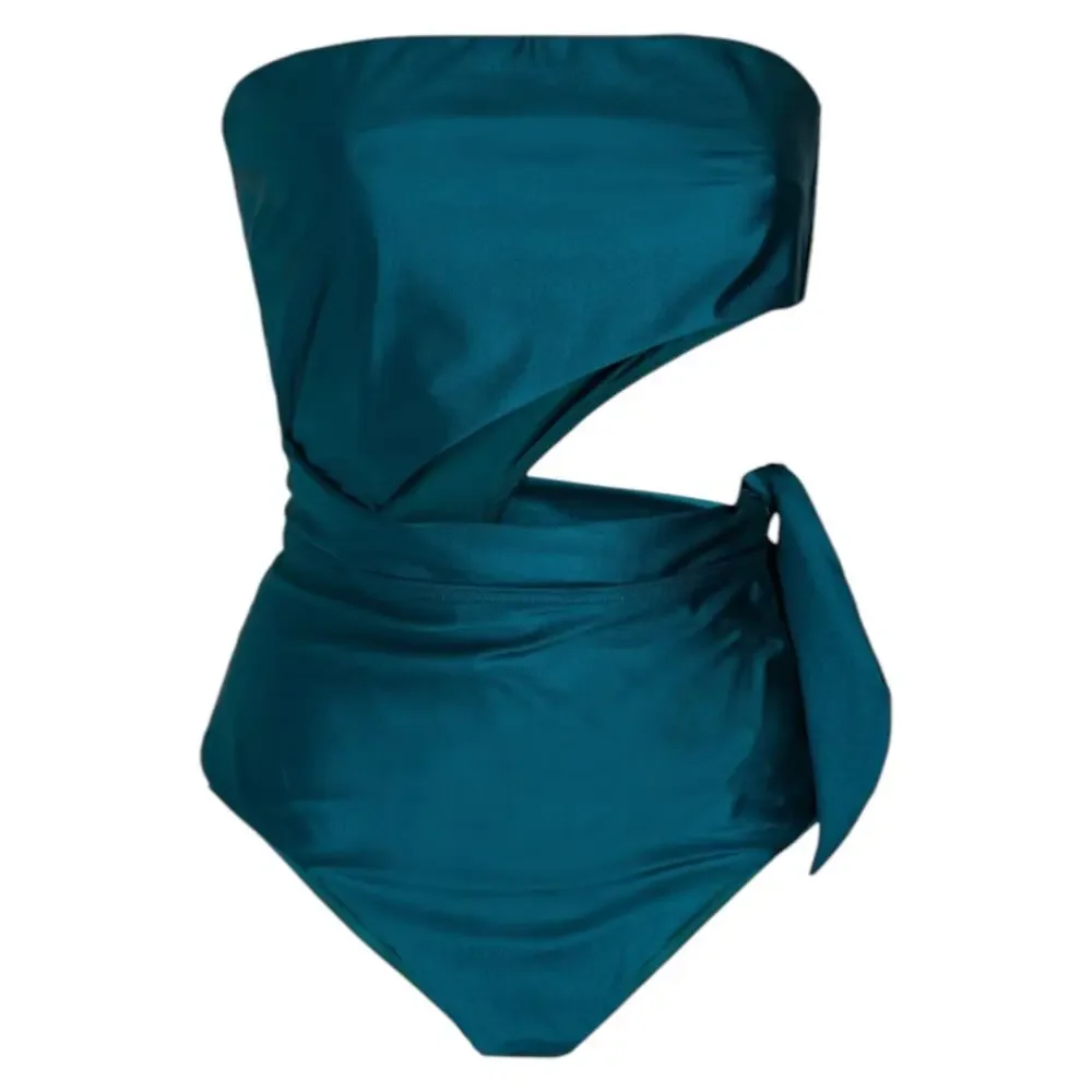 Zimmermann Teal Cutout Bow-Detailed Bandeau One Piece Swimsuit, A0/US4/S